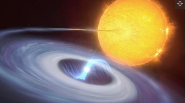 艺术家对可能出现微新星的二元系统的印象。围绕图像中心明亮的白矮星旋转的蓝色圆盘是由从其伴星偷来的物质组成的，主要是氢。在圆盘的中心，白矮星利用其强大的磁场将氢汇集到其两极.jpg