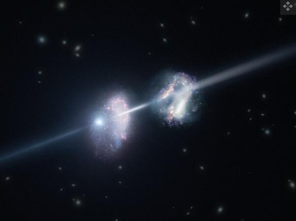这位艺术家的印象展示了早期宇宙中的两个星系。左边的辉煌爆炸是伽马射线暴。来自爆发的光在到达地球的途中穿过两个星系（右侧框架外.jpg
