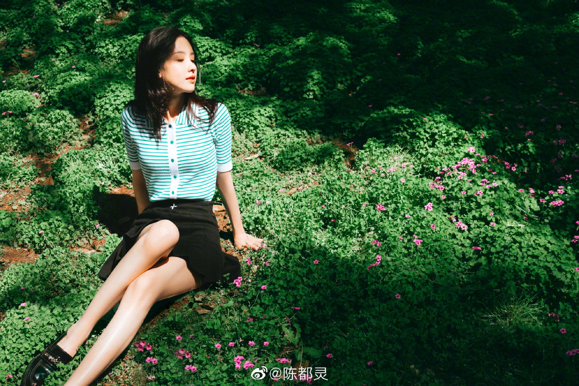 陈都灵 蓝色上衣配黑色裙子 彰显夏日气氛 美女图片