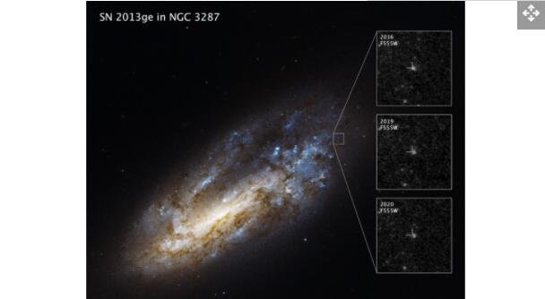 哈勃望远镜的观测表明，超新星 SN 2013ge 随着时间的推移已经消退，这表明稳定的紫外线源来自其双星伴星.jpg