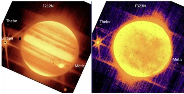 左：通过詹姆斯韦伯太空望远镜的 NIRCam 仪器 2.12 微米过滤器可以看到木星及其卫星欧罗巴、底比和梅蒂斯。右图：通过 NIRCam 的 3.23 微米过滤器可以看到木星和欧罗巴、底比和梅蒂斯.jpg