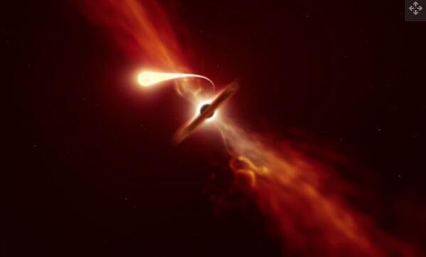 艺术家通过“意大利面条化”描绘一颗恒星被超大质量黑洞撕成碎片时死亡的插图。使用欧洲南方天文台超大望远镜的科学家们发现了这样的事件.jpg